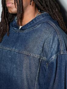 Modcrash Men's Vintage Washed Denim Oversized Relaxed Fit Pullover Hoodie Jacket, Casual Distressed Wash, 100% Cotton, Streetwear, Y2K Denim Sweatshirt, Good Quality, Comfortable, Drop Shoulder, Front Pocket, Hooded, Denim Shirt, Denim Top, Denim Jacket , Fall - Dark Wash - View 7