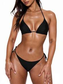 Swim Basics Summer Beach Halter Triangle Tie Side Bikini Set - Black - View 1