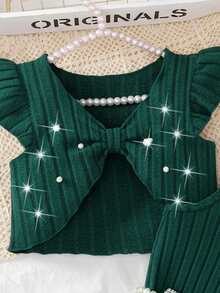 两件套少女情人节优雅针织连衣裙套装，蕾丝边无袖露脐上衣+吊带迷你连衣裙，春季装扮 - 墨綠色 - 查看 3