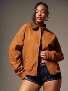 Denimoi 女士休闲时尚街头风落肩宽松撞色领拉链外套，秋冬款 - 鏽棕色 - 查看 4