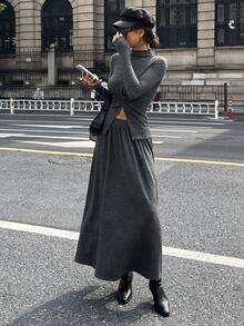 DAZY Women's Chic Grey Autumn Everyday 2 Pieces Set,Twist Knot High Slit Stand Collar Fitted Tee & A-Line Skirt,Casual Business Lounge Sets For Women - Dark Grey - View 1