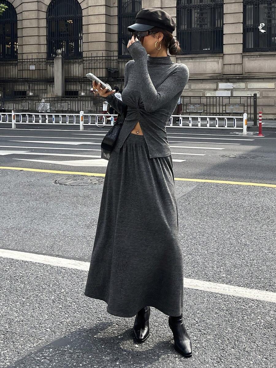 DAZY Women's Chic Grey Autumn Everyday 2 Pieces Set,Twist Knot High Slit Stand Collar Fitted Tee & A-Line Skirt,Casual Business Lounge Sets For Women - Dark Grey - View 1
