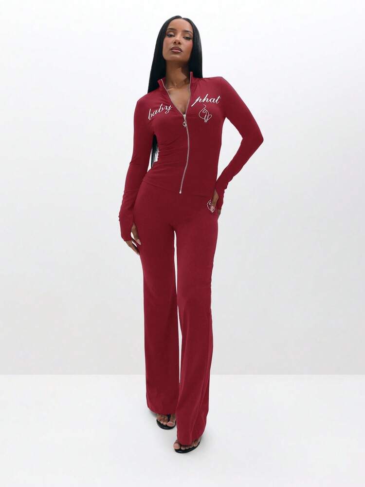 BABYPHAT Long Sleeve Zip Up Top With Script Print Front Zip Closure
