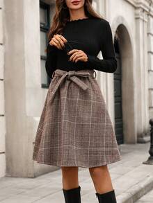 Editum Women's Ribbed Black Long Sleeve Knit Elastic Waist A-Line Plaid Elegant Casual Commute Mini Dress, Autumn/Winter Plaid Long-Sleeved Knee-Length Dress Elegant Autumn/Winter Dresses For Work - Multicolor - View 6