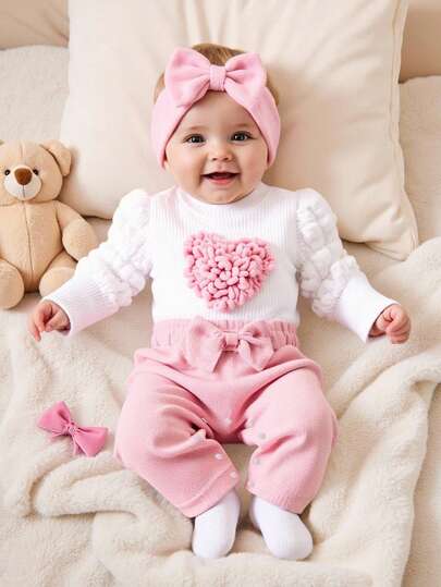 SHEIN 1pc Infant Girl's Fashionable Street-Style Sweet White Round Neck Bubble Sleeve Patchwork Pink Corduroy Jumpsuit, Suitable For Daily Wear, Street Wear, School Wear, Spring/Autumn