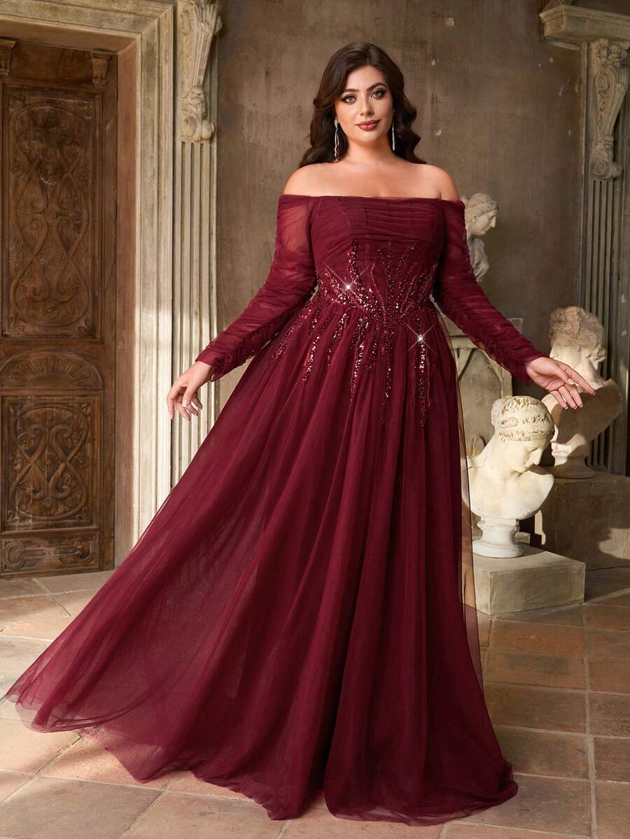 Aureia 大码优雅浪漫奢华酒红色露肩褶皱长袖贴花V腰薄纱连衣裙，适合晚宴、生日、约会、舞会、婚礼宾客、情人节等场合。