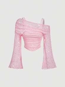 SHEIN MOD Women's Sequin Shoulder Solid Color Ruched Flare Sleeve Long Sleeve T-Shirt - Pink - View 1