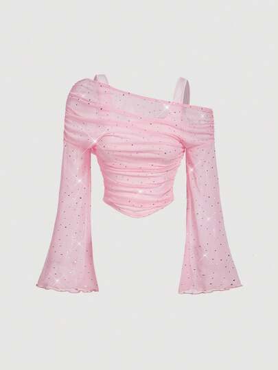 SHEIN MOD Damtröja med paljetter och axel, enfärgad, rynkad och utsvängd ärm, långärmad