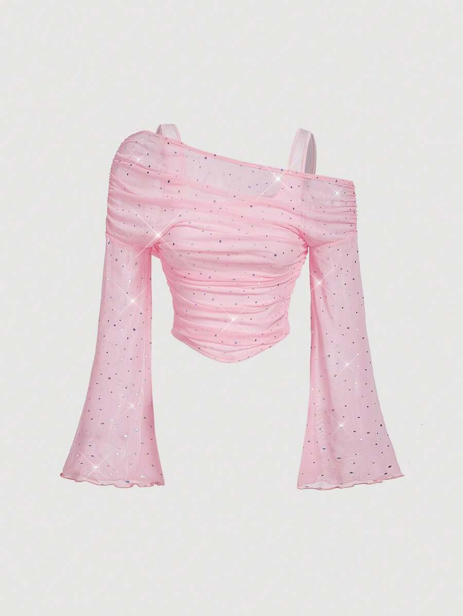 SHEIN MOD Women's Sequin Shoulder Solid Color Ruched Flare Sleeve Long Sleeve T-Shirt - Pink - View 1
