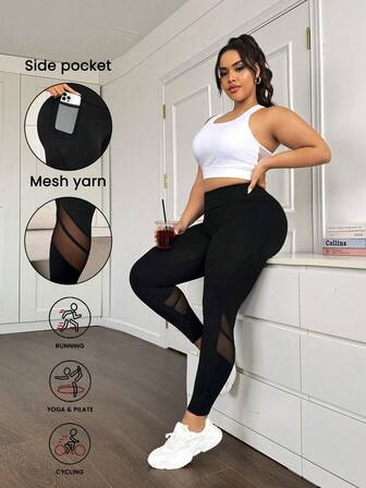 Rhythm Era Plus Size Mesh Contrast High Waist Tummy Control Hip Lifting Side Pocket Athletic Leggings Yoga Women Pants