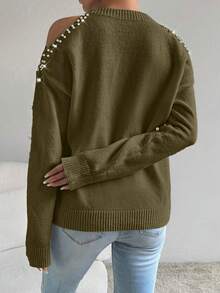 SHEIN LUNE Women's Elegant Pearl Embellished Off-Shoulder Sweater, Autumn/Winter - Green - View 2