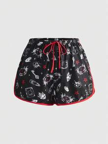 ROMWE Women's Gothic Demon Cat Starry Sky Magic Book Skeleton Key Star Contrast Trim Pajama Set - Black - View 5