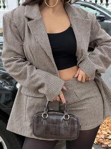 NegzBox Retro Chic Commuting Brown Plaid Suit Set - Cinched Waist Blazer Jacket + Low Waist Skirt 2 Pieces Set (Including Shoulder Pads) In Fall/Winter - Multicolor - View 3