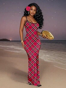 Slaydiva 女士休闲简约红黑撞色格纹连衣裙，适合秋冬季节，圣诞格纹，充满圣诞氛围 - 彩色 - 查看 5