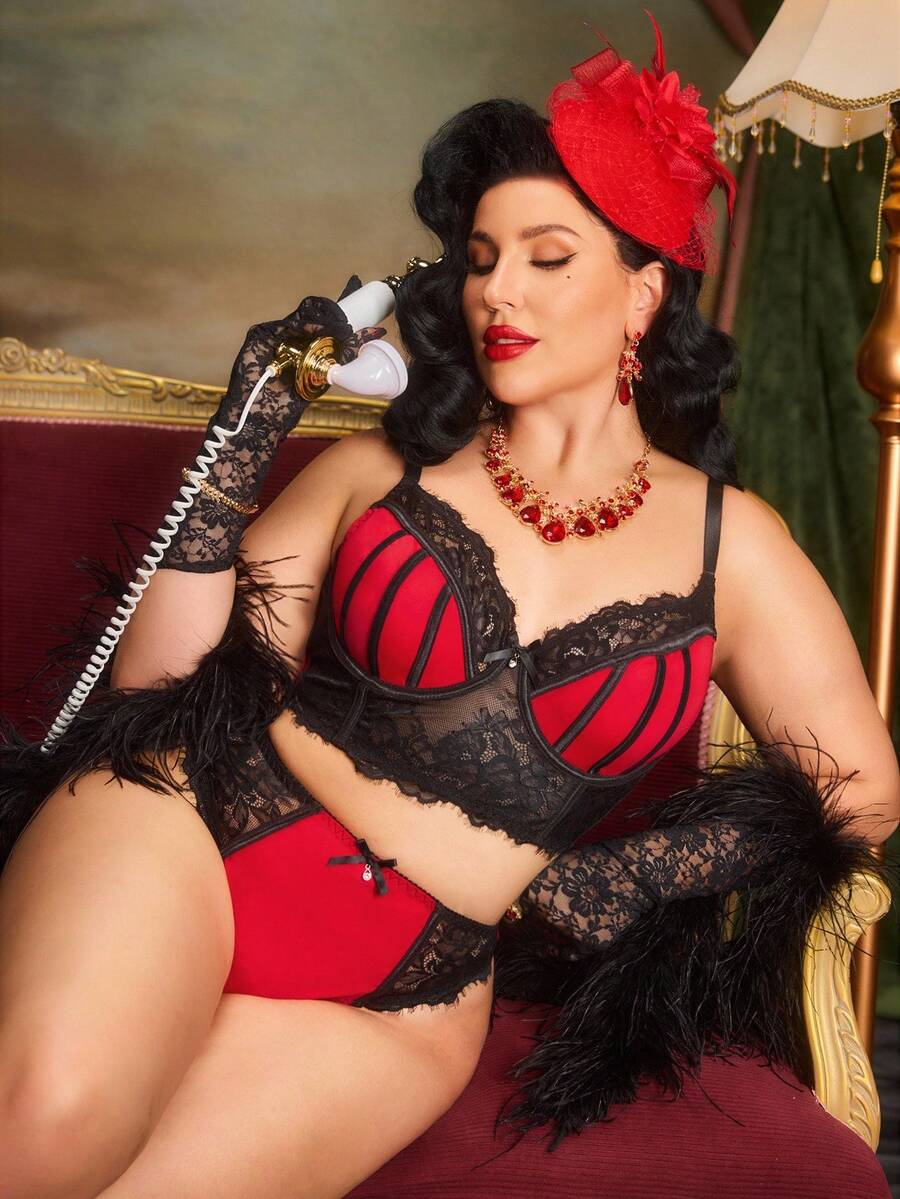 大码女士性感蕾丝拼接透视钢圈文胸内裤套装 - 彩色 - 查看 1