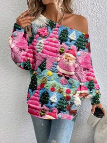 EMERY ROSE 女士休闲露肩毛衣，适合秋冬季，圣诞节，圣诞老人印花 - 彩色 - 查看 7