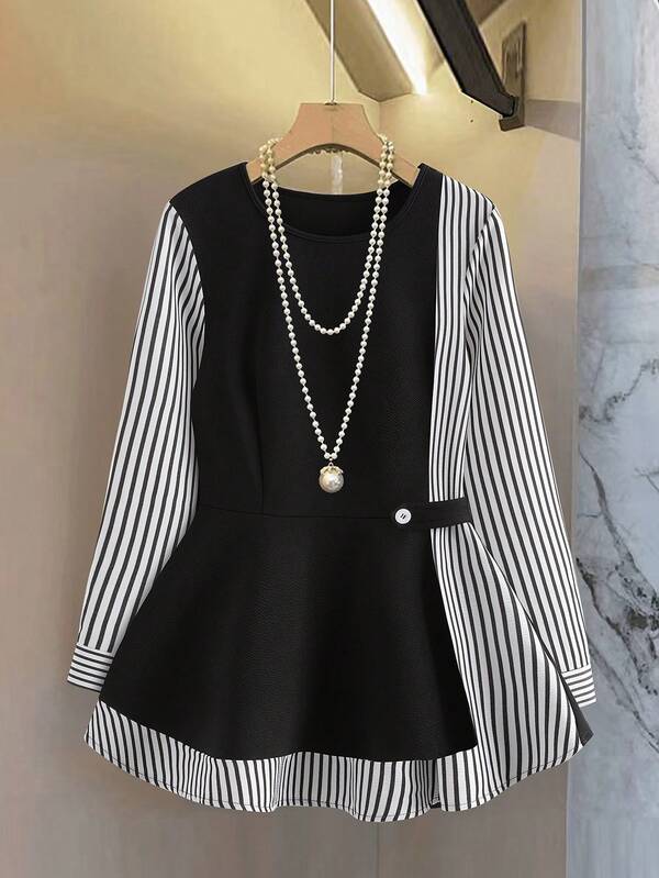 GlowEve Women's New Striped Patchwork Round Neck Long Sleeve Waist Cinched Casual Chic Blouse