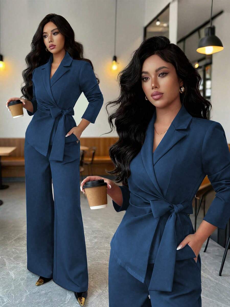 SHEIN Elenzya 女士咖啡棕色双层弹力V领裹胸系带腰身设计优雅职业套装，适合工作、万圣节、办公室、秋季穿着。两件套：长袖系带上衣和宽松直筒裤。 - 藏蓝色 - 查看 1