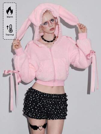 Kawaii Rabbit Ear Bow Lace Trim Ribbon Decor Women Hoodie Sweatshirt