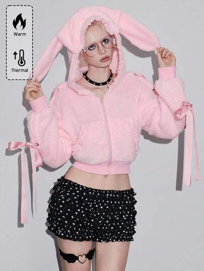 Kawaii Rabbit Ear Bow Lace Trim Ribbon Decor Women Hoodie Sweatshirt