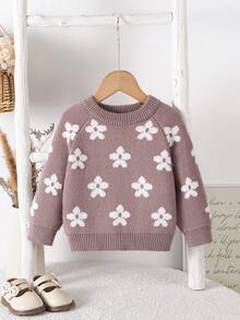SHEIN 女婴花卉提花针织毛衣，舒适圆领长袖套头衫，优雅可爱，适合秋冬季节，百搭实用，适合日常穿着、休闲、旅行、上学等场合。女婴针织毛衣，女婴秋季毛衣，女婴春秋季毛衣，女婴套头衫，女婴纯色针织毛衣，女婴针织衫，女婴花朵野花图案，女婴浅紫色毛衣。 - 彩色 - 查看 9