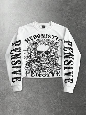 Street Life Men's Letter & Skull Graphic Crew Neck Long Sleeve Casual Pullover Sweatshirt