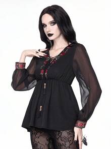 ROMWE Atasan Wanita Model A-Line Leher V Dalam dengan Tali Ikat, Bahan Chiffon Hitam, Lengan Mengembang, Potongan Pas Badan, Motif Bordir Kulit Ular Mawar Retro Gothic dan Bintang Bulan - Hitam - View 4