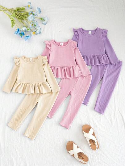3 sztuki/zestaw dla dziewczynek, jednokolorowa (fioletowy, niebieski, zielony), koszulka z teksturowanej tkaniny w gwiazdki i legginsy, codzienny strój na co dzień
