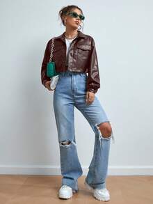 SHEIN EZwear 秋冬咖啡棕色落肩翻盖口袋短款 PU 夹克女秋冬外套 - 咖啡棕 - 查看 5