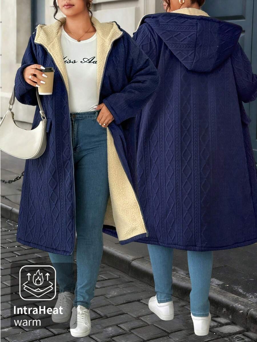 EMERY ROSE Plus Size Mid-Length Hooded Long Sleeve Padded Coat - Navy Blue - View 1