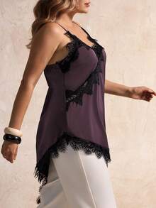 Elegantrix Canotta oversize da donna casual urbana, con scollo a V, orlo asimmetrico in pizzo, effetto patchwork e colore unito