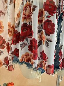 Soleia Damen Große Größen Urlaubs Strick Mesh Vintage Blumen V-Ausschnitt Langarm Fledermaus Bluse mit Vorderband - Verschiedenfarbig - Übersicht 6