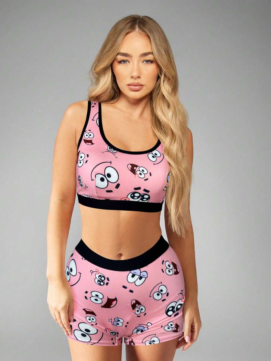 SpongeBob SquarePants | SHEIN Cartoon Pattern Contrast Trim Scoop Neck Bra And Panty Lingerie Set - Pink - View 1