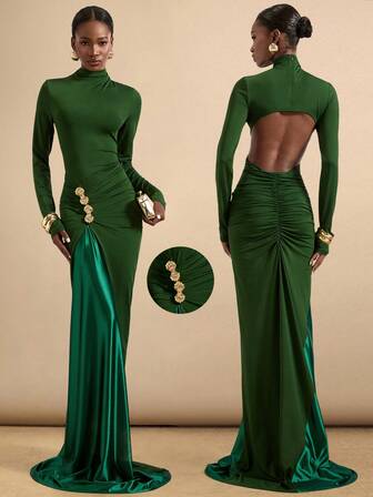 SHEIN Veneréa Autumn/Winter New French Green Dress, Metal Shell Button Closure, Waist Ruched Slimming, Elastic High Collar Long Sleeve, Backless Design Long Dress, Color Blocking Elegant Evening Gown For Women
