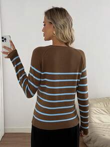 Easowa Áo len dài tay kẻ sọc đen trắng dành cho nữ, phù hợp cho mùa thu/đông và trở lại trường học - màu nâu - Xem 3
