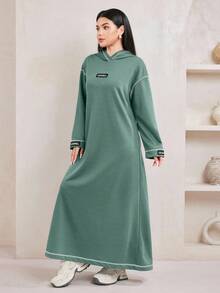 Veilorie Women's Hooded Contrast Stitching Letter Long Sweatshirt Dress - Mint Green - View 2