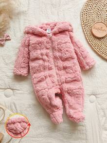 SHEIN Vintaside Kids 新生儿简约时尚可爱波尔卡圆点长袖连帽羊毛连体睡衣 - 杏色 - 查看 3