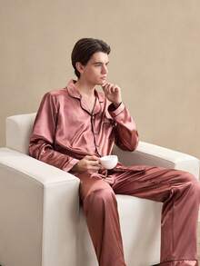 EverLounge 男士翻领长袖单排扣上衣和裤子家居服套装，冬季服装 - 棕色 - 查看 3