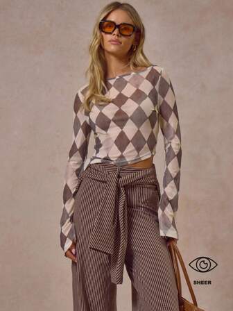 MUSERA Diamond Print Mesh Asymmetric Hem Long Flared Sleeve Top Autumn Winter Cool Streetwear Going Out Casual Everyday New Retro