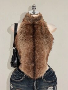 SHEIN ICON Plus Size Y2K Sexy Furry Mesh Patchwork Halter Neck Tight Top Fur Top Women Top - Multicolor - View 1