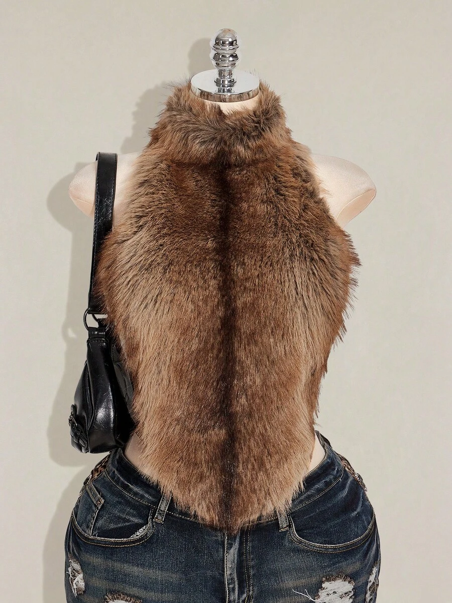SHEIN ICON Plus Size Y2K Sexy Furry Mesh Patchwork Halter Neck Tight Top Fur Top Women Top - Multicolor - View 1
