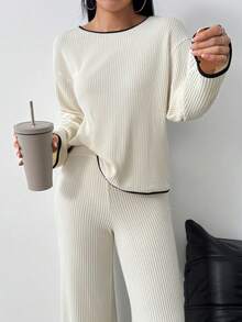 INAWLY 2 件套女士优雅休闲罗纹针织蝴蝶结领长袖上衣和直筒裤套装，秋冬 - 杏色 - 查看 8