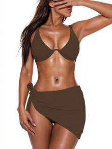 Swim Basics 3pcs Set Solid Color Rhinestone Decor Bikini For Beach/Resort For Summer Beach Vacation - Coffee Brown - View 5