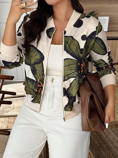 Weeklong Plus Size Casual Commuter Floral Print Jacket Fall Winter Cloth For Women Autumn