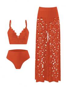 Bonvoyette Conjunto de 3 piezas de traje de baño de verano para mujer: Top con tirantes en unicolor, shorts de talle alto, y cubre-traje de baño largo con diseño hueco, conjunto de bikini de moda para resort - Óxido marrón - Ver 3