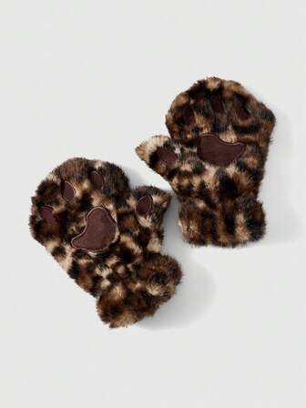 Goth 1 Pair Y2K Retro Furry Leopard Print Gloves, Fashionable & Minimalist, Suitable For Daily Wear, Parties, Gatherings, Autumn/Winter