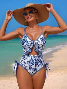 Swim Lushoire Women's Summer Blue And White Porcelain Print Hollow Out Thick Strap One-Piece Conservative Swimsuit Beach Outfit - Blue and White - View 3