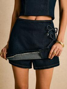 Poéselle 女士牛仔短裙，带抽绳和蝴蝶结，深蓝色，情人节，Y2K春夏女士沙滩装 - 深色水洗藍 - 查看 1