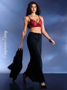 女士浪漫性感薄纱花卉蕾丝钢圈聚拢文胸 - 酒紅色 - 查看 5