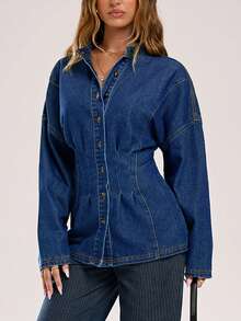 Avantive Drop Shoulder Long Sleeve Pleated Waist Fastening Front Button Casual Denim Shirt - Blue - View 4